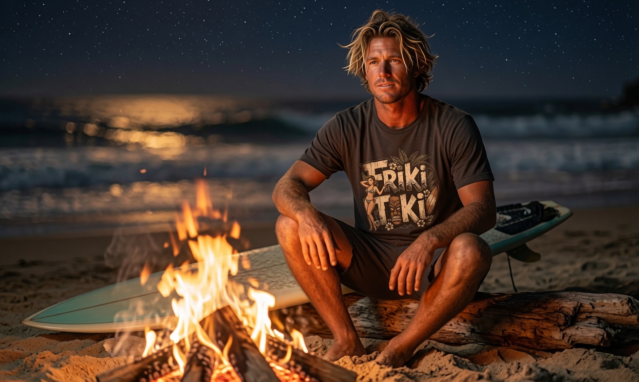 Babes Surf charcoal tee by a night beach bonfire