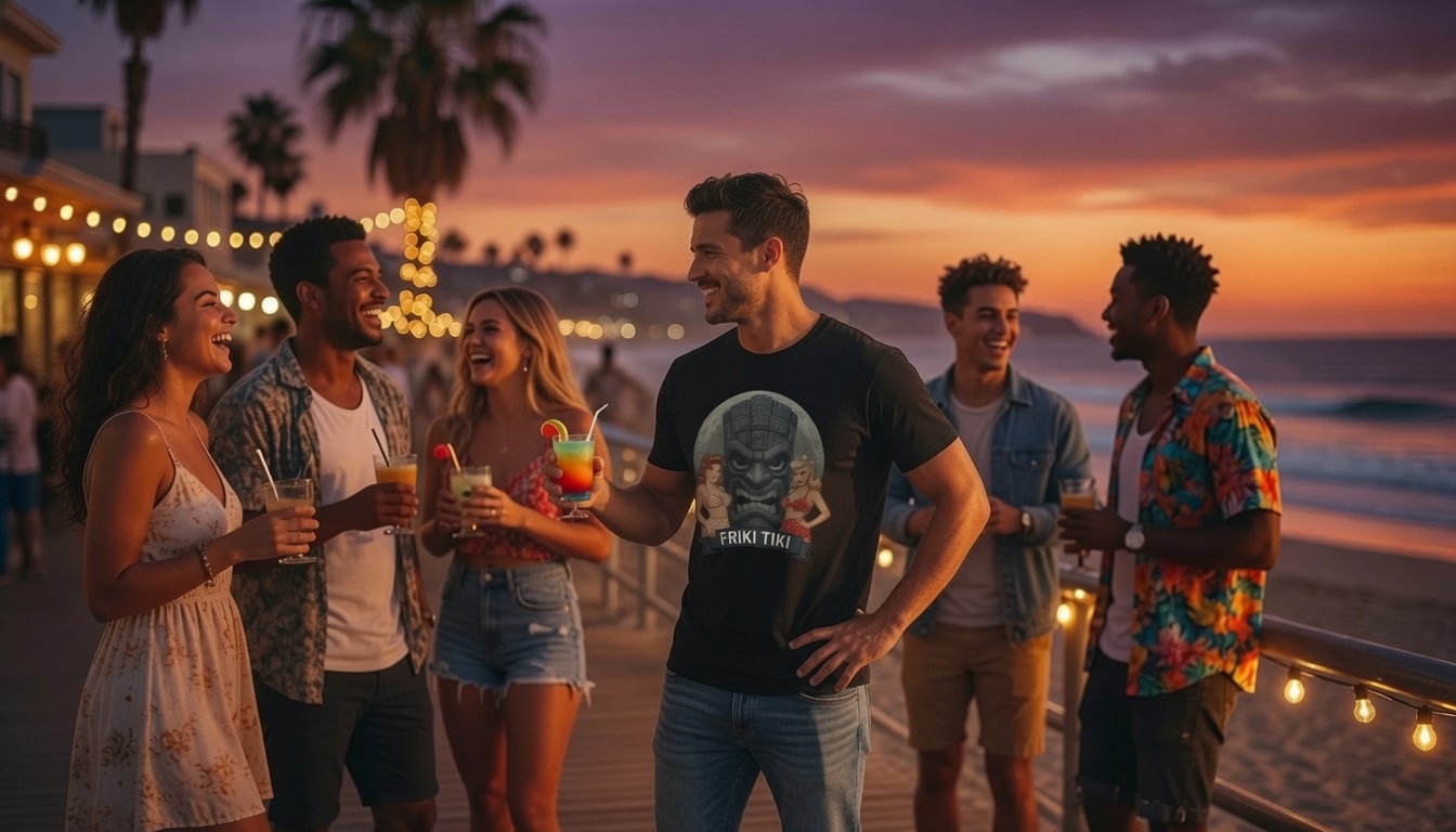 Friki Tiki crew on a sunset boardwalk